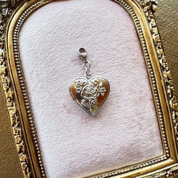 Heart Locket Charm Pendant With Floral Design In Stainless Steel Lobster Clasp - Picture 16 of 16